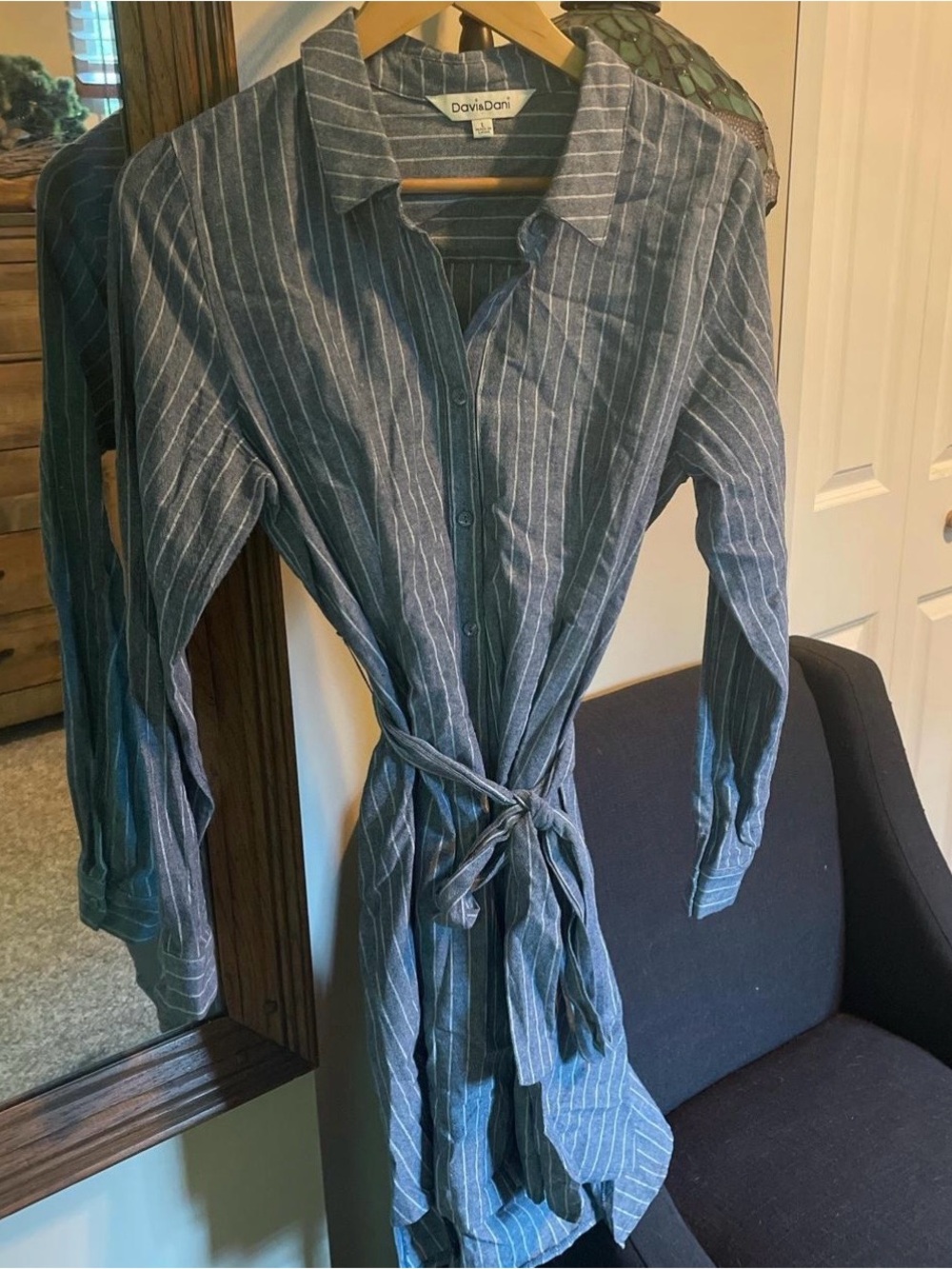 DAVI & DANI Slate Blue and White Striped Midi Shirt Dress